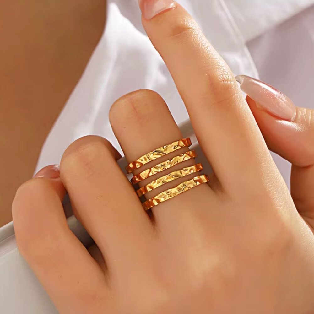 Minimalist Four-Layer Line Hammered Texture Stainless Steel Ring Adjustable (R31